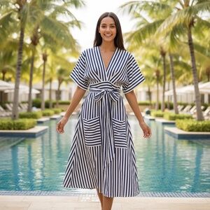 618 SIX ONE EIGHT Blue White Stripe Cabana Resort Dress Cruise Resortwear Medium